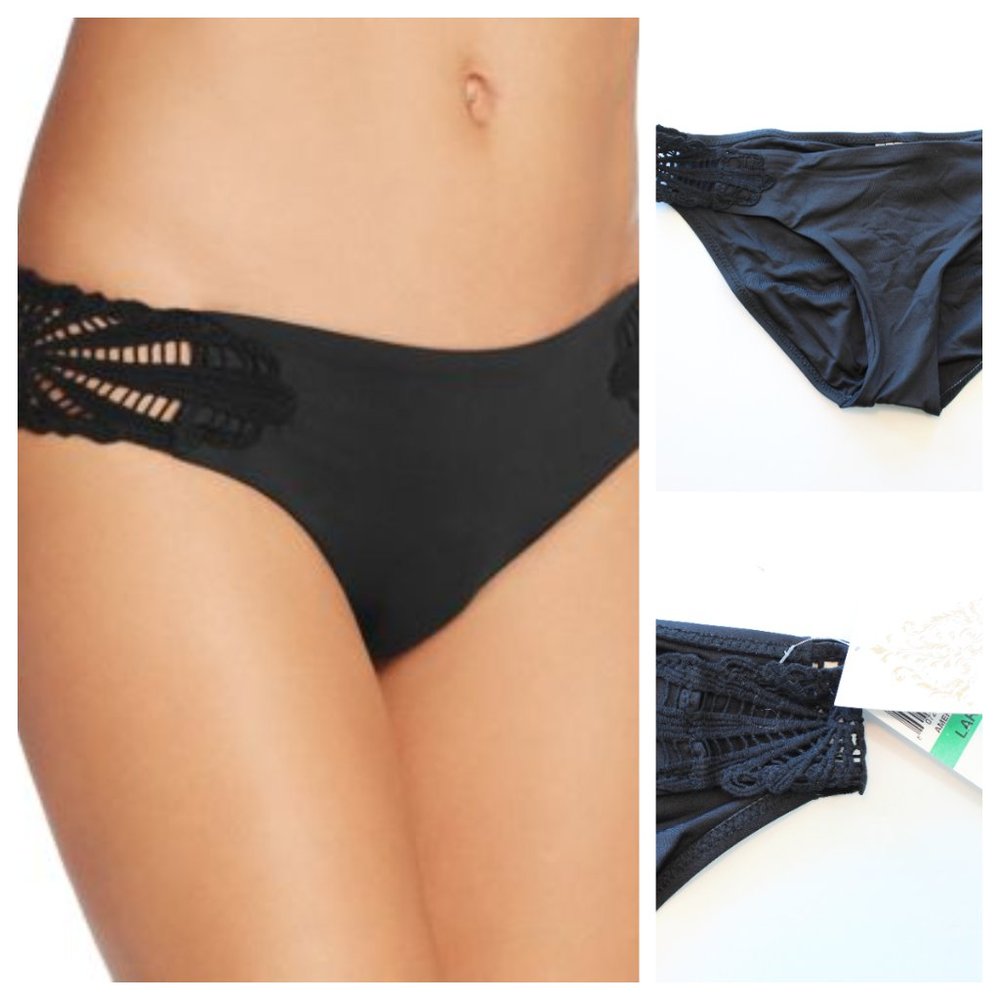Becca Sunburst Crochet Side Tab Bikini Bottom Black Large NWT
